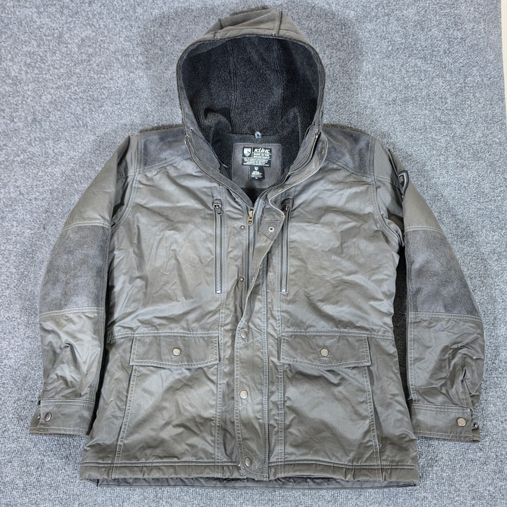 Kuhl Projekt Mens XL Waxed Canvas Fleece Lined Hooded Parka Jacket Dark Khaki